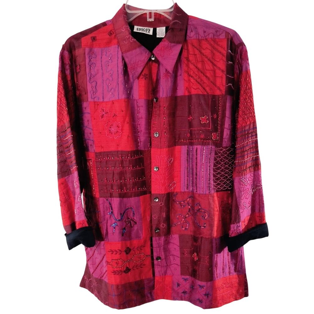 Chicos Design 100% Silk Beaded Patchwork Shirt Jacket Boho Art to Wear Shacket - Picture 9 of 16